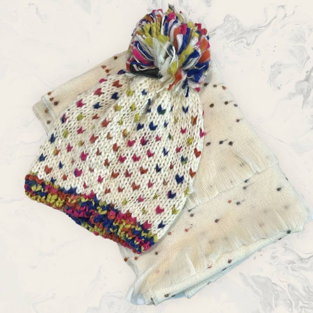 NWT Bundle Confetti Multi Ivory Scarf and BP. Women’s Beanie  - One Size - Ivory